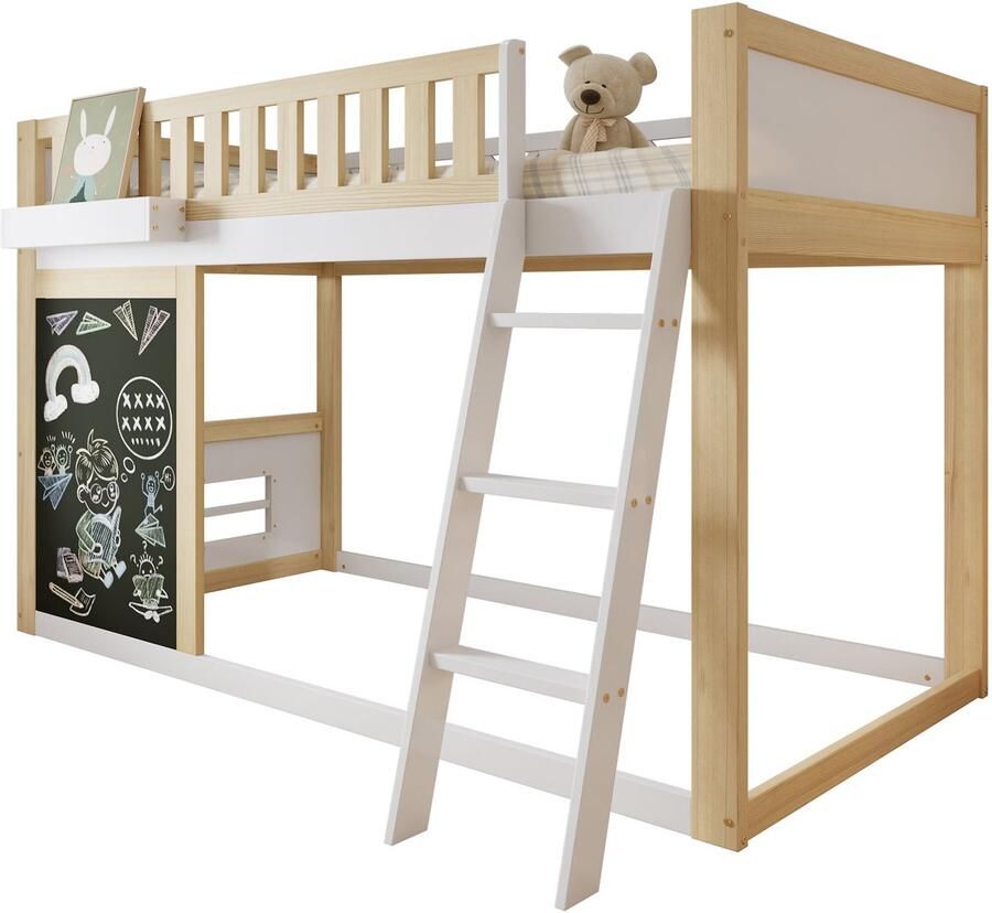 Merax Bed in Huisvorm 90x200 cm Wit-Natuur Kinderbed met Bord om te Tekenen Bed met Opbergruimte Veiligheidshek Houten Lattenbodem Zonder Matras