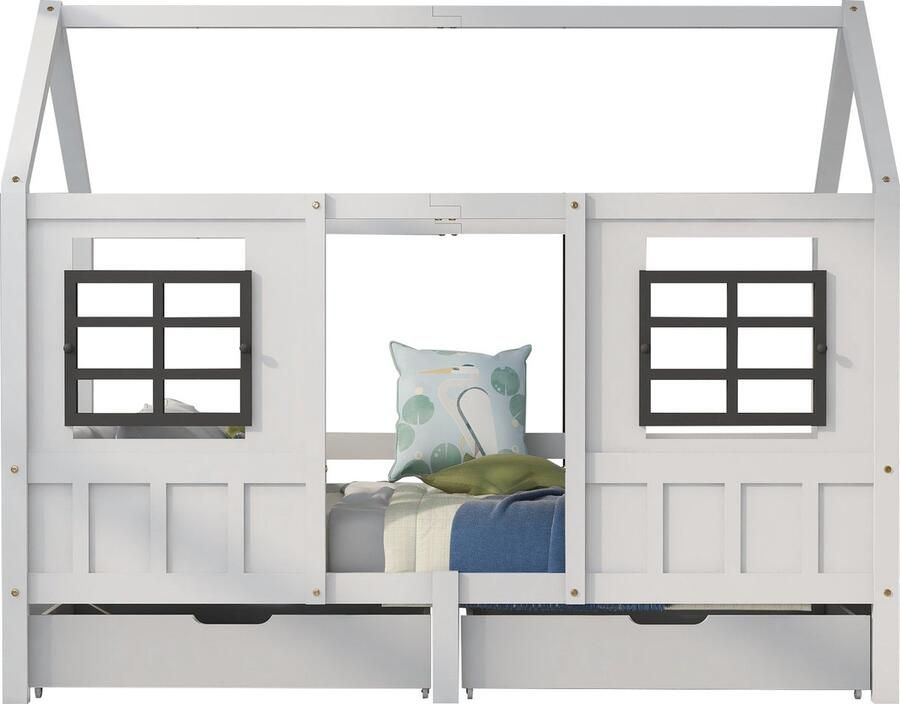 Merax Bed in Huisvorm met 2 Lades Kinderbed 90x200 cm Wit Stevig Houten Frame