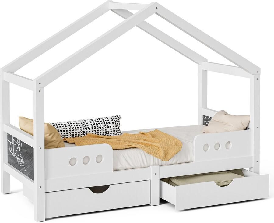 Merax Bed in Huisvorm met Dak 90x200 cm Houten Kinderbed met 2 Grote Laden en Krijtbord Wit Belastbaar tot 120 kg
