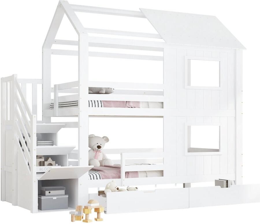 Merax Bed in Huisvorm met Trapkast en Lade Kinder Stapelbed met Ramen en Dak Opberglade op Wielen Stevige Houten Lattenbodem Wit 90x200cm