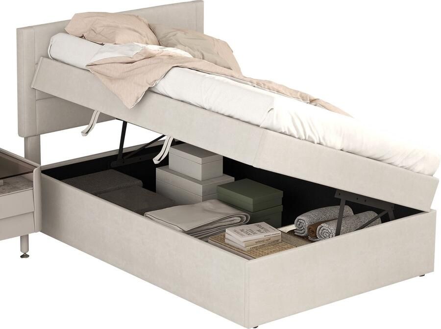 Merax Bed met Hydraulische Opbergruimte 90x200 cm Eenpersoonsbed met Lattenbodem en Beige Linnen Bekleding Zonder Matras