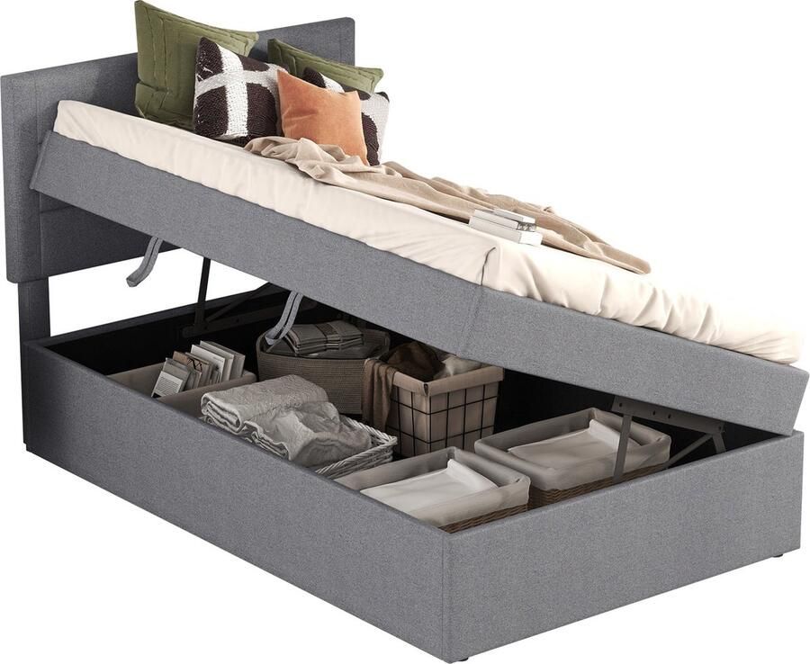 Merax Bed met Opbergruimte 90x200 cm Enkelbed met Metalen Lattenbodem en Grijze Linnen Bekleding Zonder Matras