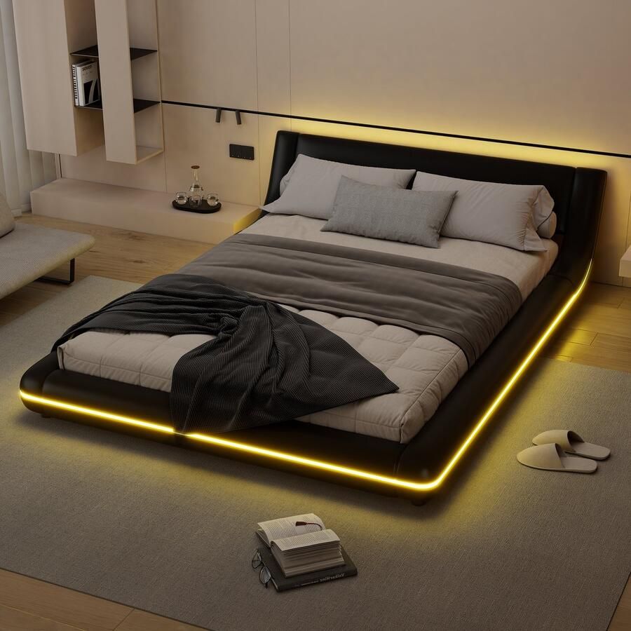 Merax Bed met vlakke vloer van 140 x 200 cm LED-verlichting afstandsbediening met 24 knoppen zwart geen matras