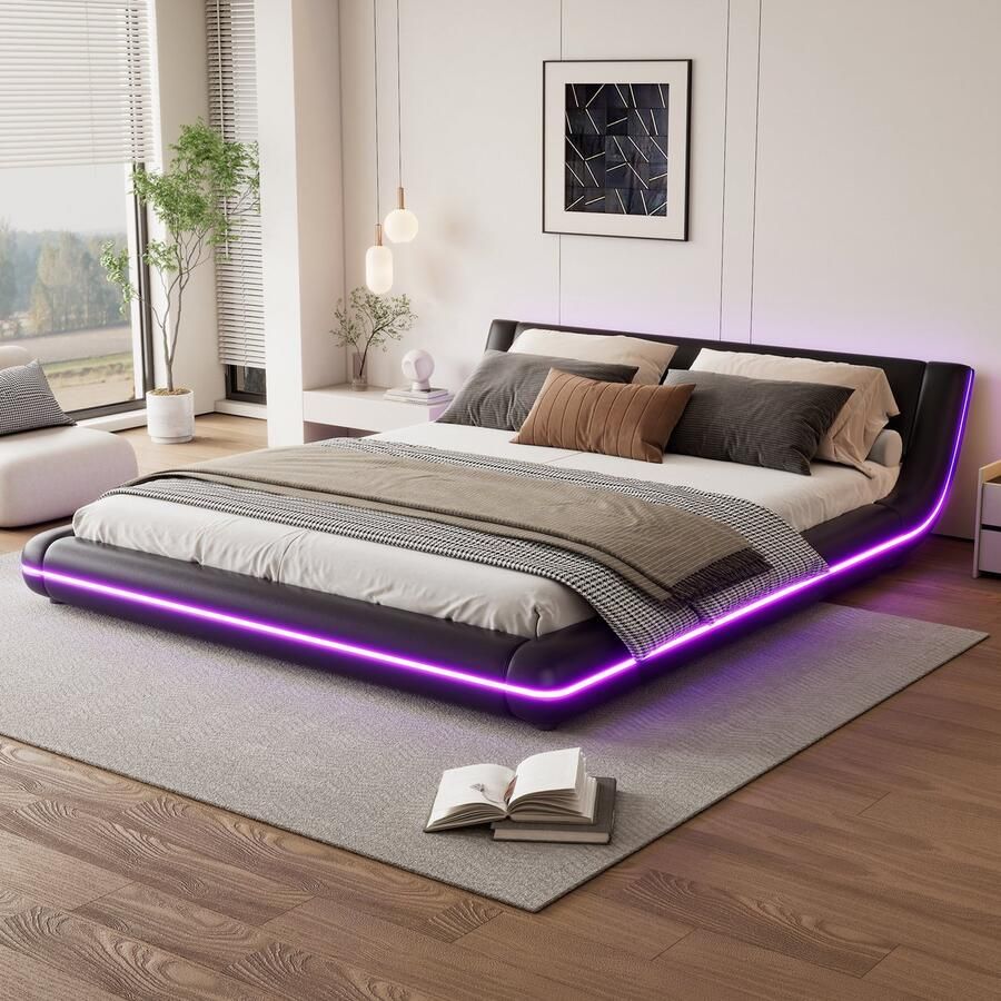Merax Bed met vlakke vloer van 160 x 200 cm LED-verlichting afstandsbediening met 24 knoppen zwart geen matras