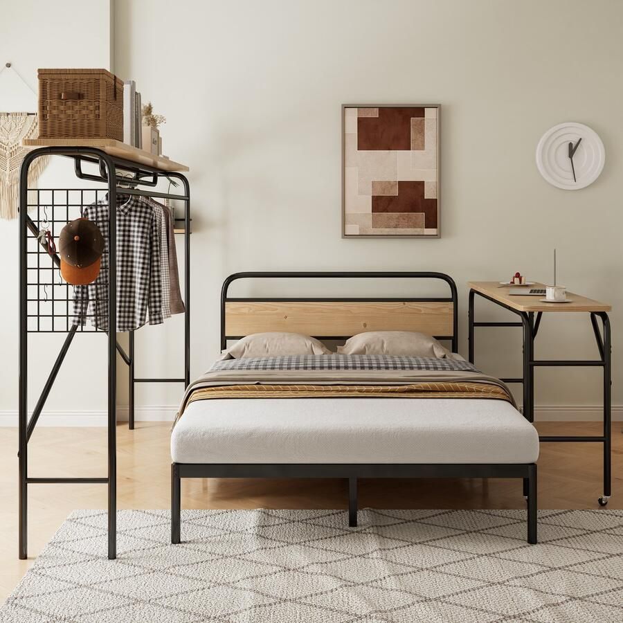 Merax Bed platte bedtafel verticale kapstok tafel op wielen volledig slaapkamermeubilair tiener & volwassene zwart 140x200cm