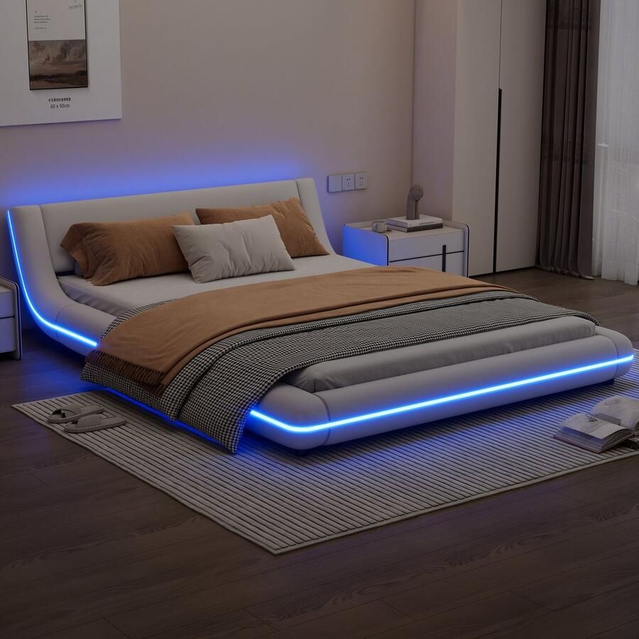 Merax Bed van 140 x 200 cm met vlakke vloer LED-verlichting afstandsbediening met 24 knoppen wit geen matras