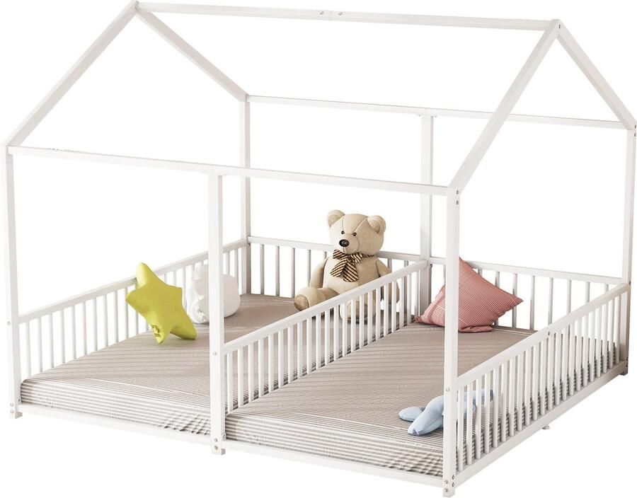 Merax Bed voor Kinderen 90 x 200 cm Zonder Matras Huisvorm Metalen Frame Zijkanten Trap Dubbelbed Design Wit