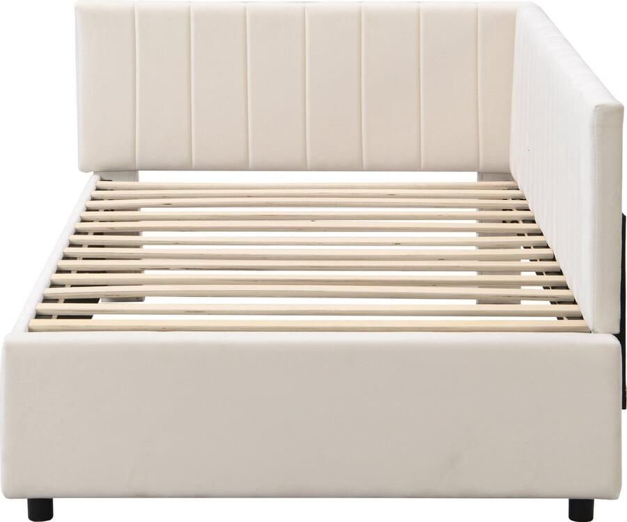 Merax Bedbank 90x200 cm Multifunctioneel Bed met Lattenbodem Zacht Beige Velours Stof Comfortabel en Elegant Design