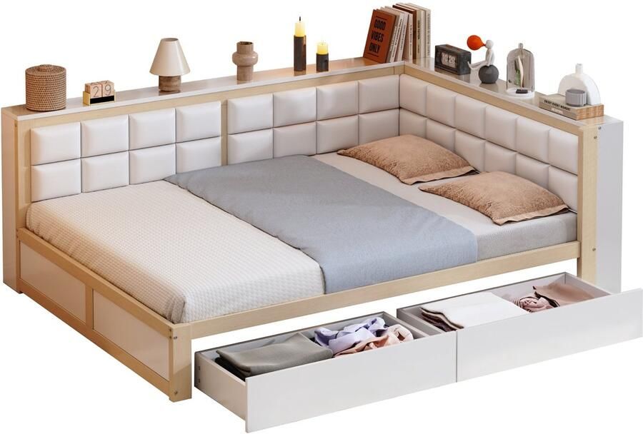Merax Bedbank Slaapbank 140x200 – Tweepersoonsbed met Hoekrug en 2 lades – Wit met Naturel Bruin