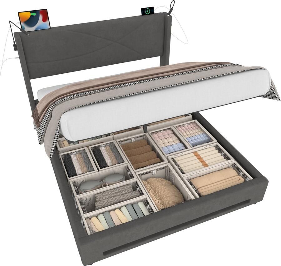 Merax Bedframe 160x200 cm Gestoffeerd Bed met Hydraulische Opbergruimte LED Verlichting 2 Leeslampen USB-Aansluitingen Lattenbodem Grijs