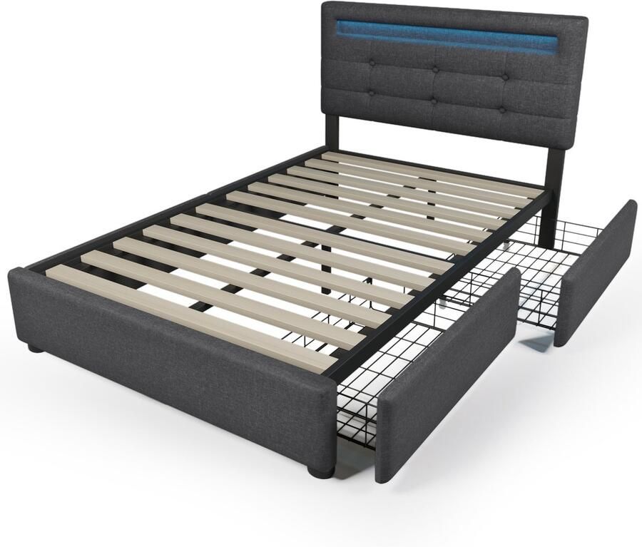 Merax Bedframe 90 x 200 cm – Gestoffeerd Bed met LED Verlichting en 2 Schuiven – Verstelbaar Hoofdeinde – Grijs Linnen