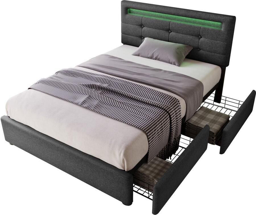 Merax Bedframe 90 x 200 cm – Gestoffeerd Bed met LED Verlichting en 2 Schuiven – Verstelbaar Hoofdeinde – Grijs Linnen - Foto 2