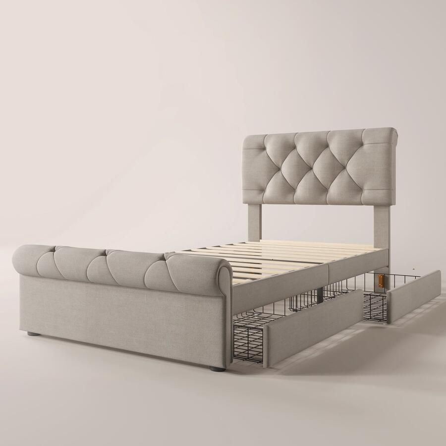 Merax Bedframe 90x200 Bed met 2 Laden Chesterfield Style Hoogteverstelbaar Hoofdeinde Houten Lattenbodem Natuurlijk Kleur