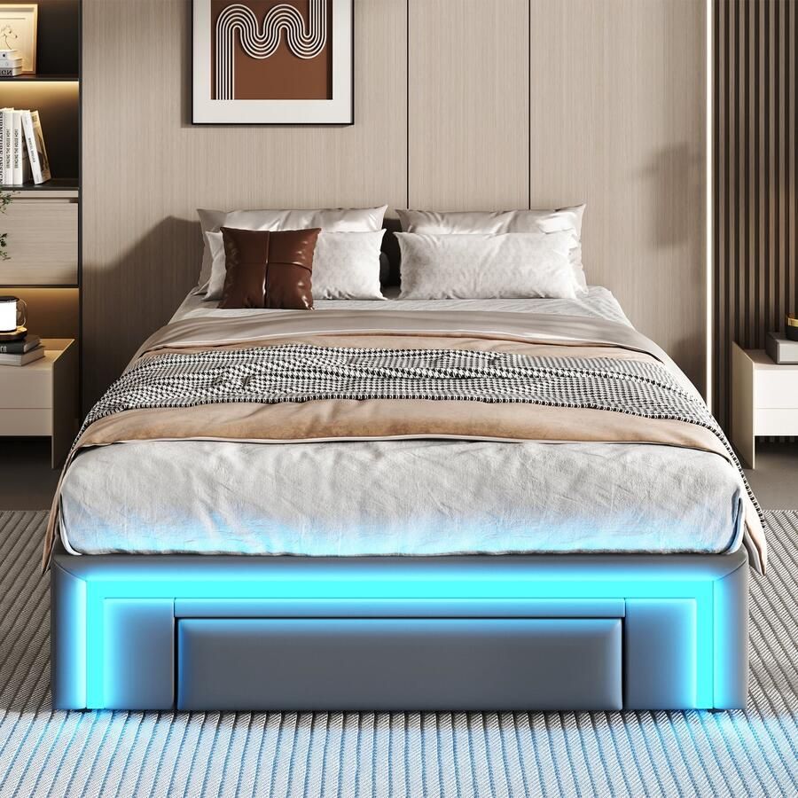 Merax Bedframe 90X200 cm met lades zonder hoofdeinde met LED-licht grijs zonder matras