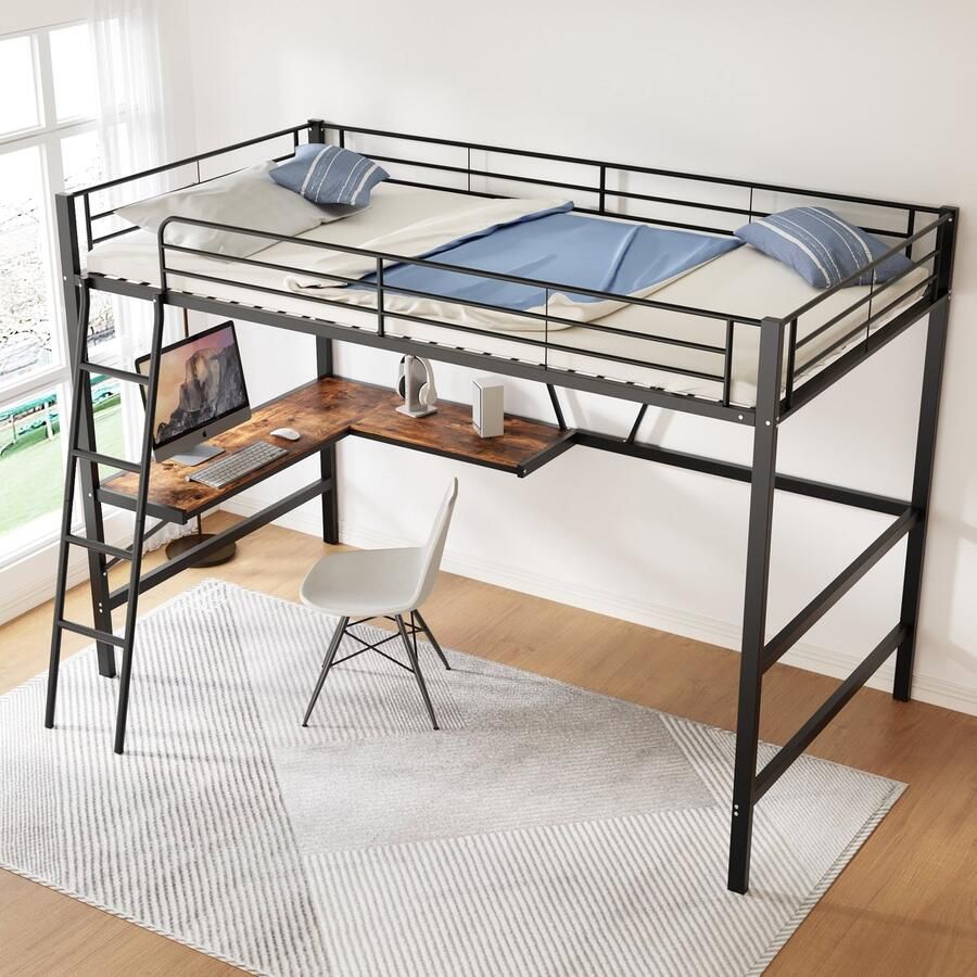 Merax Bedframe 90x200cm metalen bed ijzeren bed hoogslaper met L-vormig bureau en een plank zonder matras zwart
