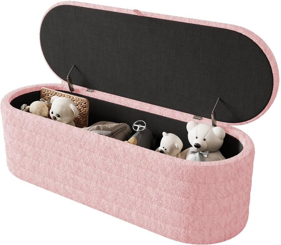 Merax Bedhocker en Voetenbank met Opbergruimte – 120x40 cm – Roze Teddy Stof – Zitbank met Dekenkist en Opklapbare Zitting – Volledig Gemonteerd