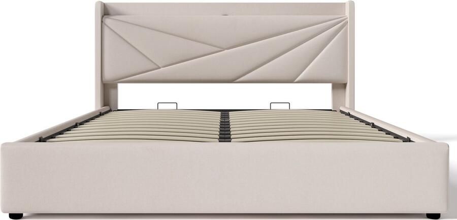 Merax Gestoffeerd Tweepersoonsbed met Opbergruimte en USB Type-C Laadfunctie Bedframe van Linnenmateriaal Jeugdbed 180x200 cm met Lattenbodem (Zonder Matras)