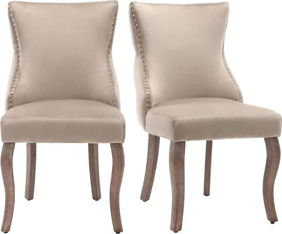 Merax Eetkamerstoelen Set van 2 Gestoffeerde Stoelen met Kapitonnering en Nagelkopdetails Massief Houten Gebogen Benen Beige