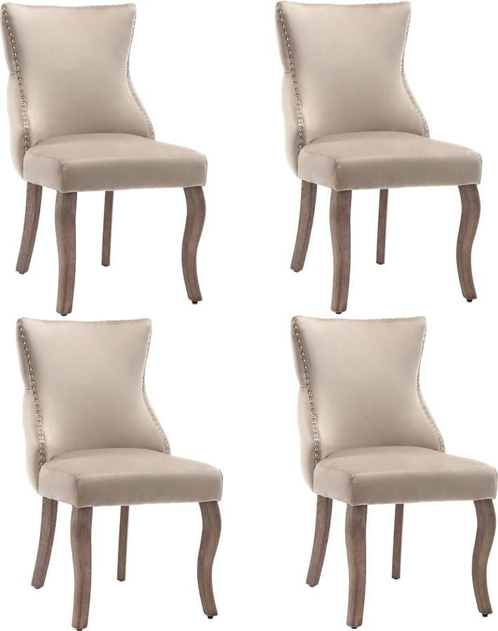 Merax Eetkamerstoelen Set van 4 Gestoffeerde Stoel met kapitonnering en nagelkopafwerking Gebogen Massief Houten Poten Beige