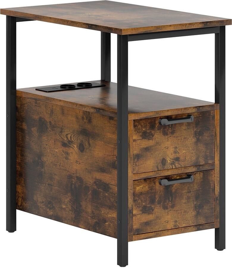 Merax Bijzettafel met USB en Stopcontact Houten Tafel met 2 Lades En Opbergrek Industrieel Design 55x35x58 CM Rustiek Bruin met Zwart
