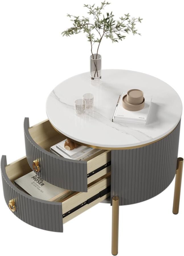 Merax Bijzettafel Salontafel Luxe Marmerlook Tafel met Lades Verstelbare Gouden Poten en Handgrepen Wit met Grijs en Goud