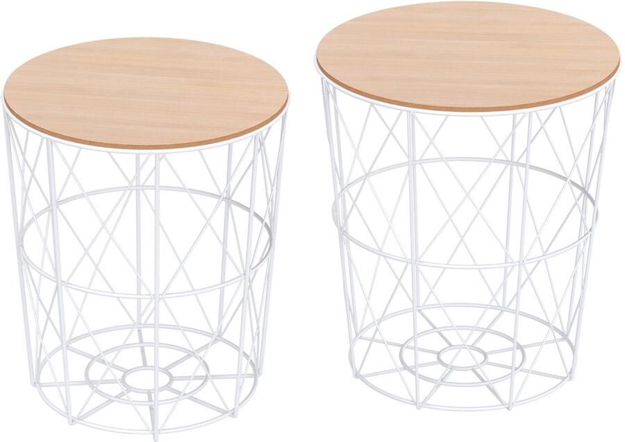 Merax Bijzettafel Set Rond – 2-Delig – Opbergtafel in Wit en Houtlook – Ø40 Ø35 cm – Metaal & MDF – Voor Woonkamer en Slaapkamer