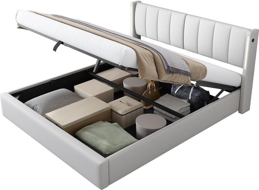 Merax Kunstleer Gestoffeerd Tweepersoonsbed 160x200 cm met USB Aansluiting en LED Verlichting Queensize Bed met Luxe Verstelbaar Hoofdbord en Hydraulische Opbergruimte Wit