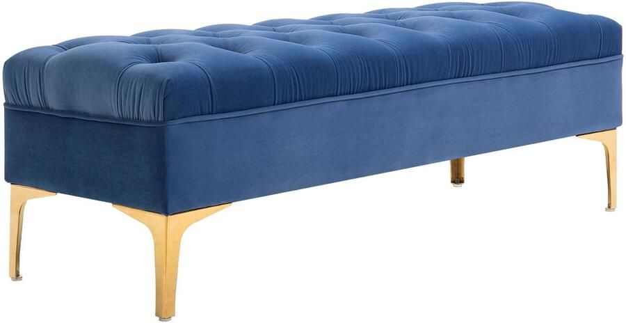 Merax Blauwe Fluwelen Zitbank – 118x45x42 cm – Opbergbank met Gouden Poten – Slaapkamerbank of Schoenenbank – Gestoffeerde Bank voor Hal of Voeteneinde Bed
