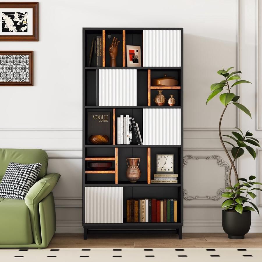 Merax Boekenkast 5 verstelbare planken 165 cm hoog × 80 cm breed Kleuren: zwart wit bruin