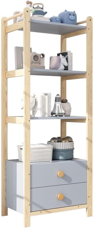 Merax Boekenkast met 2 Lades en 4 Open Planken – Houten Opbergkast met Massiefhouten Frame – Blauw met Naturel Hout – 70×44×180 cm