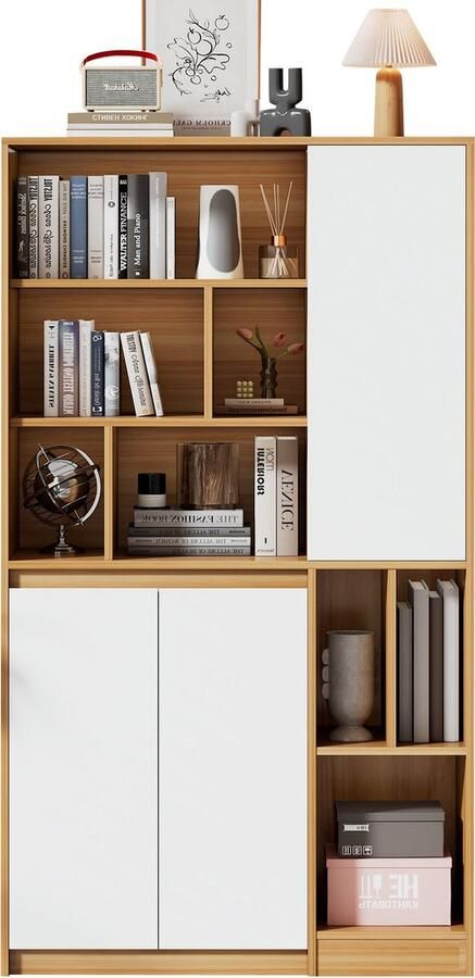 Merax Boekenkast met 3 Deuren en Verstelbare Planken – 90x35 5x160 cm Opbergkast in Houtkleur met Wit Geschikt voor Woonkamer Kantoor of Slaapkamer