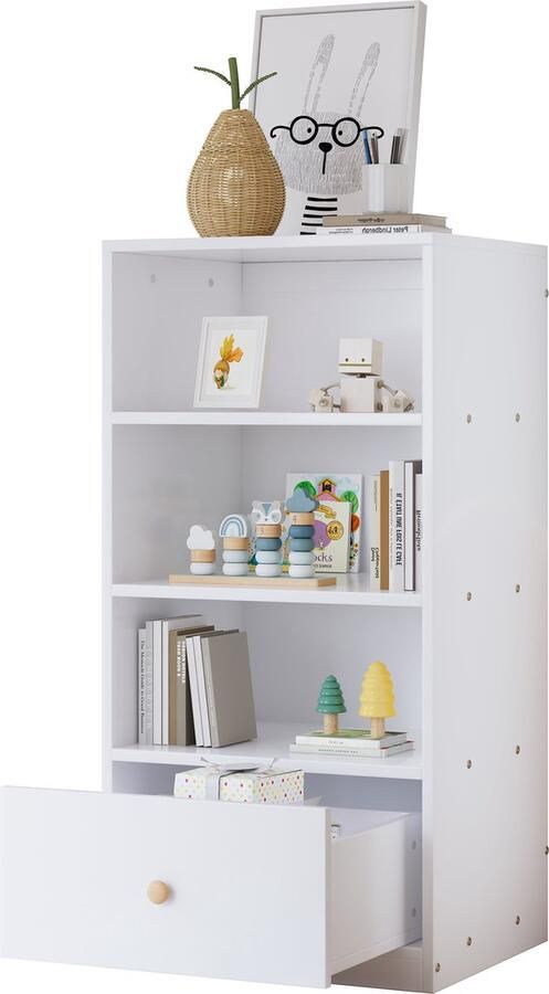 Merax Boekenkast met 3 Planken en 1 Lade Met Geluidsloze Lades MDF Wit Ideaal voor Slaapkamer Woonkamer of Thuisbureau