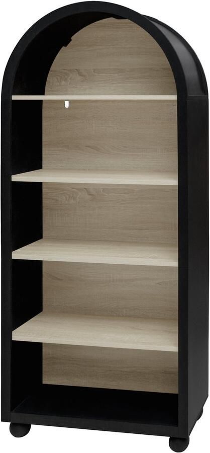 Merax Boekenrek in Boogstijl – 5-laags Open Boekenkast met Handgelakt Metalen Frame en Ronde Antislip Voet – Modern Opberg- en Displayrek – Zwart Naturel – 70 5×30×161 cm