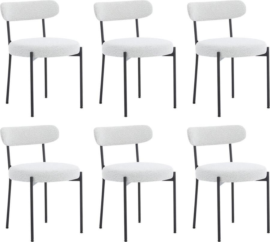 Merax Bouclé Eetkamerstoelen Set van 6 Moderne Gestoffeerde Stoelen met Ronde Zitting Geschikt voor Keuken Woonkamer Slaapkamer of Café Wit