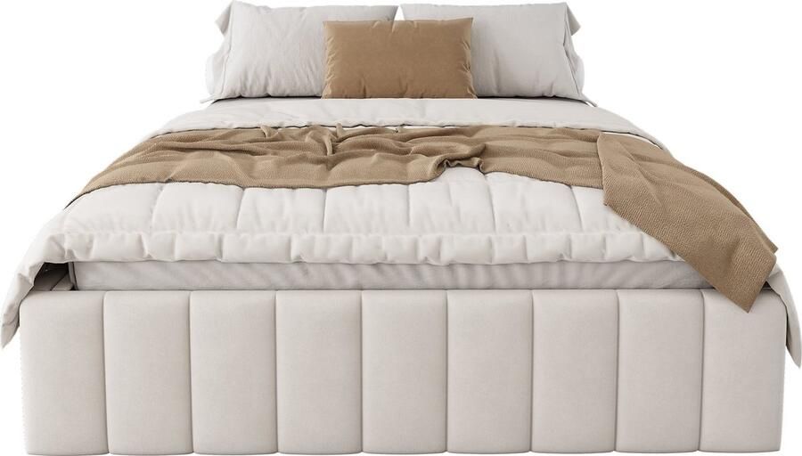 Merax Boxspringbed 140x200 cm Beige Fluwelen Bedframe met Opberglades Inclusief Lattenbodem Zonder Hoofdbord Minimalistisch Design - Foto 2