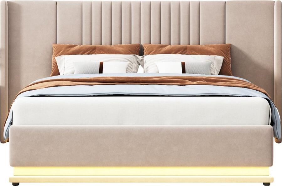 Merax Tweepersoonsbed 140x200 cm Velvet Bekleding Uitgebreid Hoofdbord LED Verlichting Hydraulisch Opslagsysteem Slatted Frame Beige