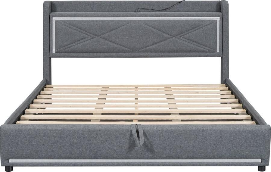 Merax Tweepersoonsbed 160x200 met LED-licht Verstelbaar via App Opbergbed met Hydraulisch Opbergruimte en USB-laadpoort – Grijs - Foto 2