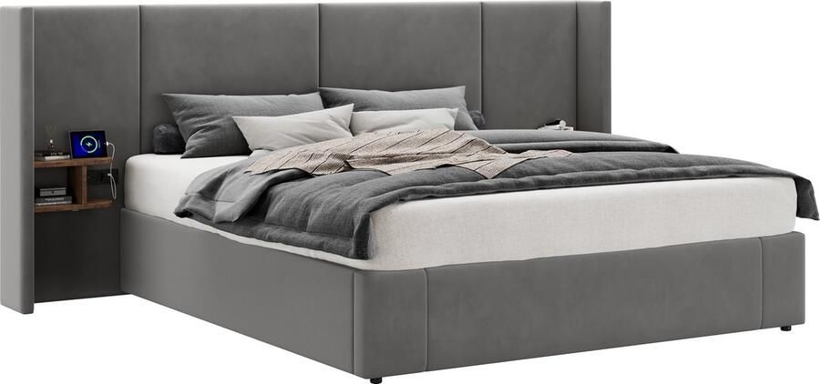 Merax Boxspringbed 180 x 200 cm Hydraulisch Opbergbare Brede Oortjes Bed met USB-aansluiting Stopcontact Inclusief Twee Nachttafels met Opbergruimte Houten Lattenbodem Eenvoudige Montage Grijs Velours