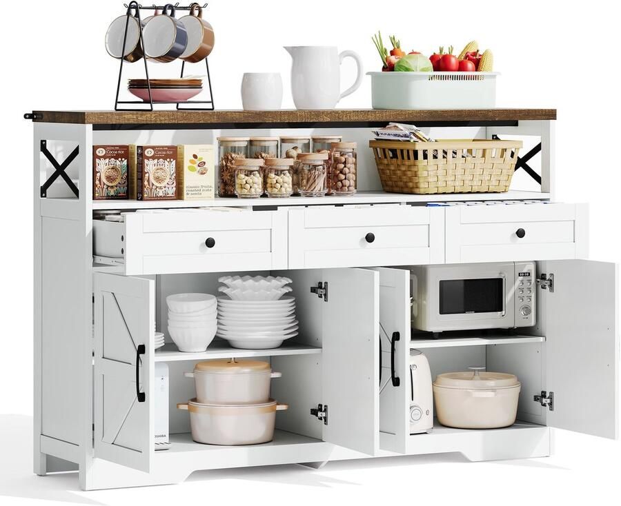 Merax Buffetkast 140 cm Wit Met Houten Blad – Landelijke Opbergkast Met 3 Lades En Deuren Voor Keuken Woonkamer Of Hal