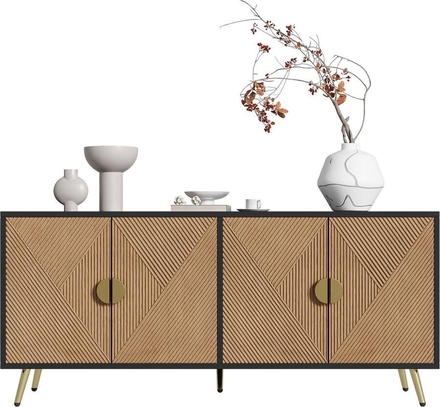 Merax Buffetkast 160 cm – Dressoir met 4 Soft Close Deuren – Gouden Accenten – Zwart met Bruin