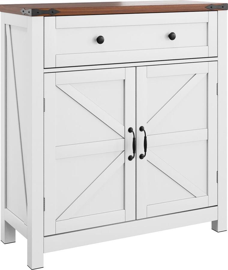 Merax Buffetkast 76 cm Landhuis Wit Kasten met Schubladen en Verstelbare Planken Walnoot Blad Opbergkast voor Keuken Eetkamer Badkamer Hal 76x30x83 cm