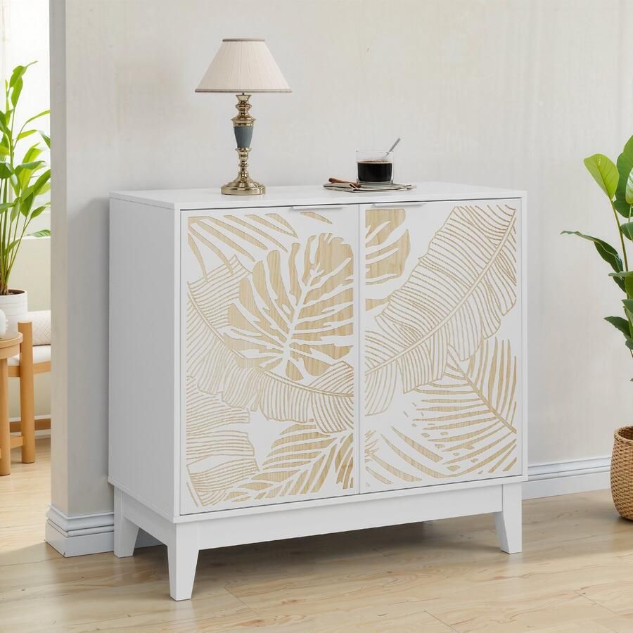 Merax Buffetkast 80 cm Vintage Wit Sideboard met Houtsnijwerk 2 Deuren Verstelbare Legplanken Opbergkast voor Woonkamer Keuken Eetkamer 80x38x76 cm