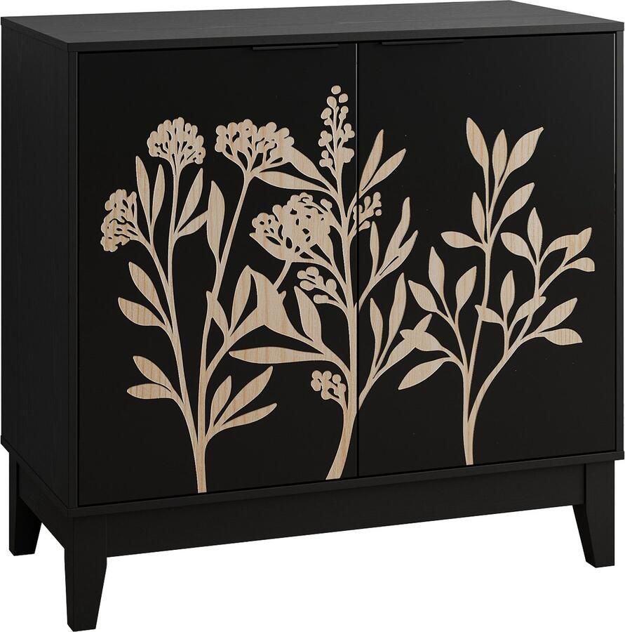 Merax Buffetkast 80 cm Vintage Zwart Sideboard met Bloemsnijwerk 2 Deuren Verstelbare Planken Opbergkast voor Woonkamer Keuken Eetkamer 80x38x76 cm