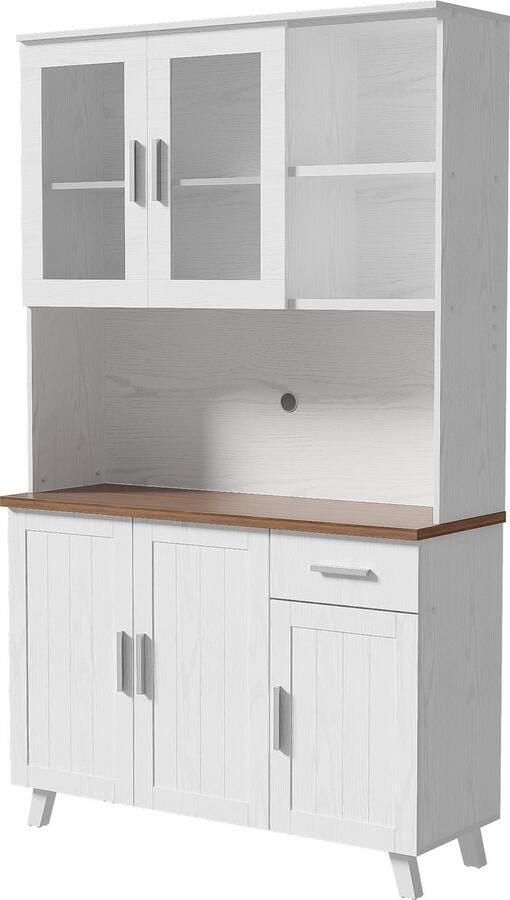 Merax Buffetkast Landelijk – 114x190 cm – Kast met Glaspaneel en Lade – Wit met Bruin