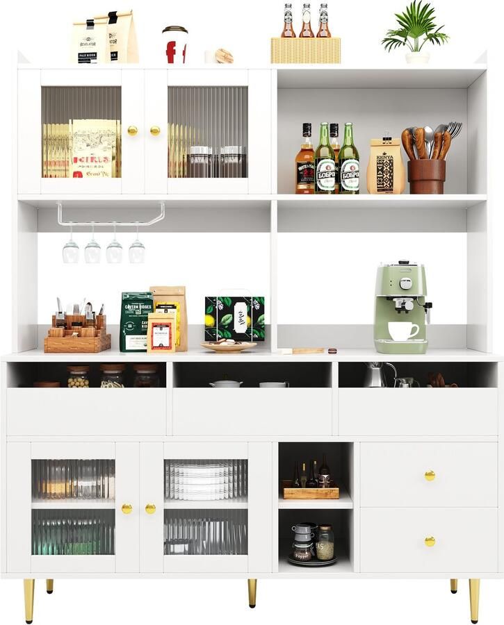 Merax Buffetkast Wit Met Glasdeuren 145 cm Moderne Opbergkast Met Wijnrek En Lades Voor Eetkamer Of Keuken