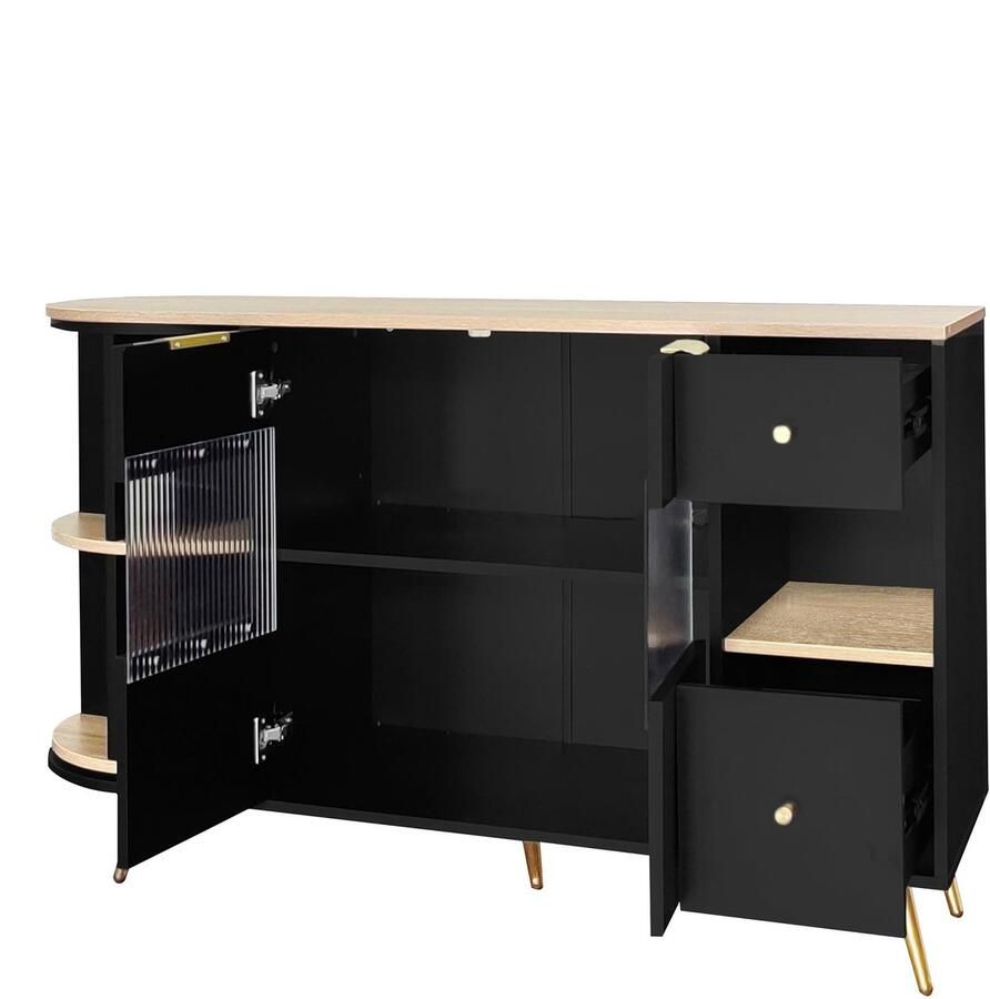 Merax Buffetkast met Glazen Schuifdeuren en LED-verlichting – Zwarte Houten Opbergkast voor Woonkamer Eetkamer of Keuken – 130x40x80 cm