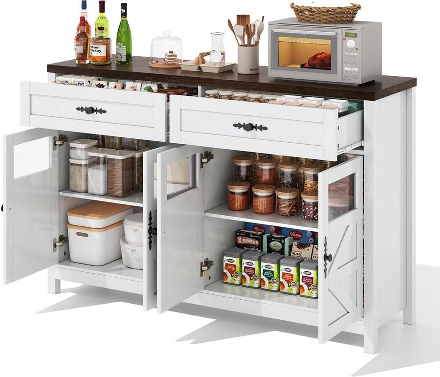 Merax Buffetkast Met Opbergruimte En Glazen Deuren – Dressoir Met 4 Deuren En 2 Lades – 140x39x90 Cm – Wit En Walnootkleur