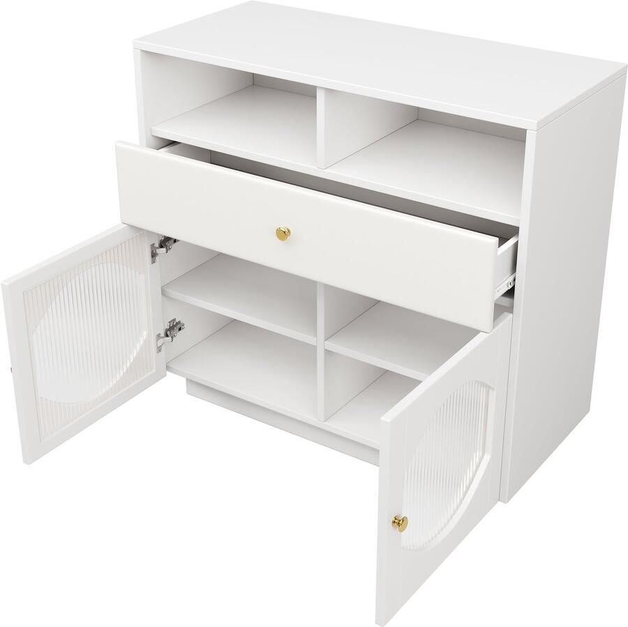 Merax Buffetkast – Opbergkast Met Glazen Deuren En Lade – Keukenkast – Modern Wit Sideboard Voor Woonkamer Eetkamer Of Hal – 100 x 40 x 90.5 cm – MDF En Glas