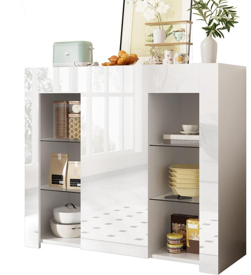 Merax Buffetkast Wit – Modern Dressoir met Hoogglans Front – Opbergkast met Glasplanken en Deur – Woonkamer Keuken Eetkamer – 95x35x83 cm