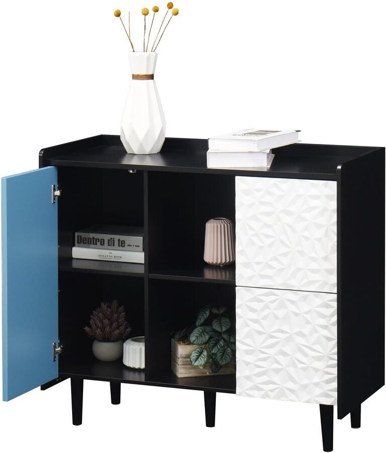 Merax Buffetkast Zwart Met Blauw Gelakte Deuren Moderne Opbergkast Met Lades En Open Vakken 90 cm Voor Keuken Of Woonkamer